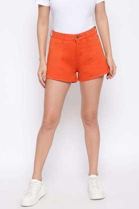 solid denim regular fit women's shorts - orange