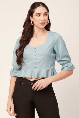 solid faux crepe sweetheart neck women's top - blue