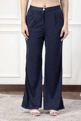 solid flared fit polyester women's casual wear trouser - blue