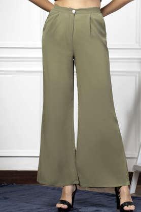 solid flared fit polyester women's casual wear trouser - green
