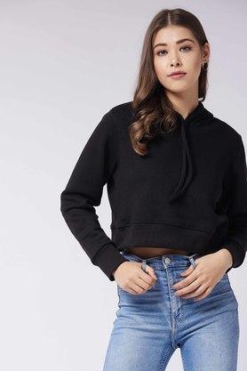 solid fleece and rib round neck women's sweatshirt - black