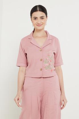 solid flex collared women's top - dusty pink