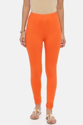 solid full length cotton lycra knit womens leggings - orange