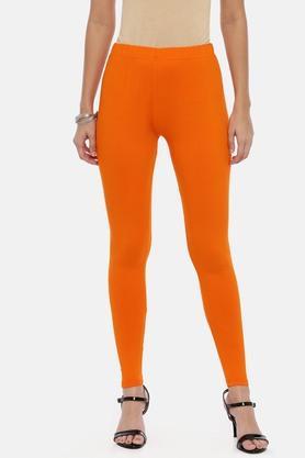 solid full length cotton lycra knit womens leggings - orange