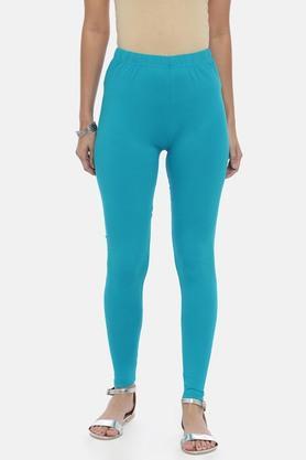 solid full length cotton lycra knit womens leggings - turquoise