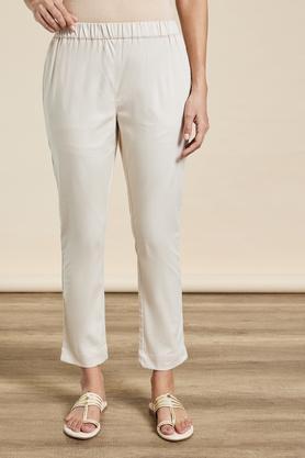 solid full length cotton lycra womens pants - natural