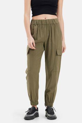 solid full length polyester women's joggers - olive