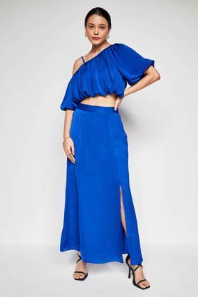 solid full length polyester woven women's evening set - royal blue