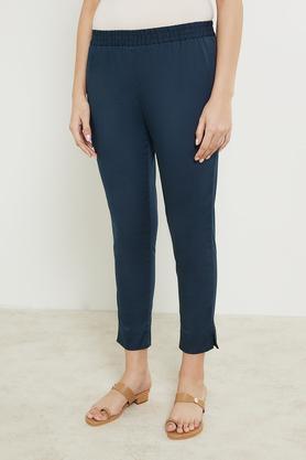 solid full length woven women's pants - navy