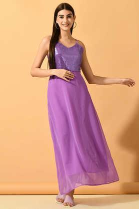 solid georgette regular fit women's ethnic dress - lavender