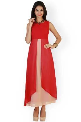 solid georgette round neck women's knee length dress - red