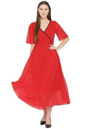 solid georgette v neck womens maxi dress - red