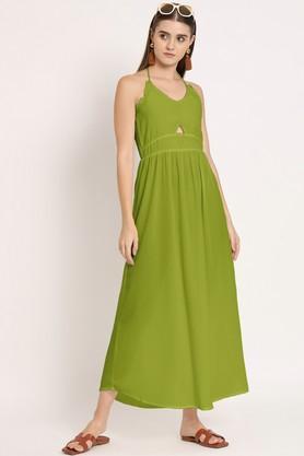 solid georgette v-neck women's maxi dress - lime green
