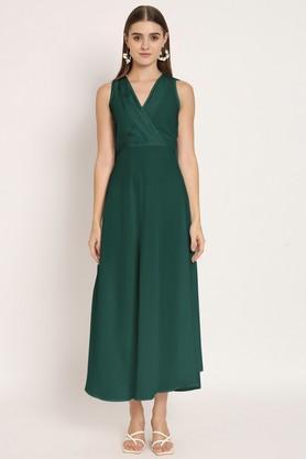solid georgette v-neck women's maxi dress - teal_green