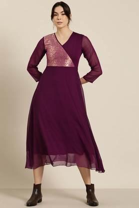 solid georgette v-neck women's midi dress - purple