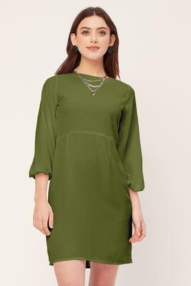 solid halter neck georgette women's knee length dress - olive