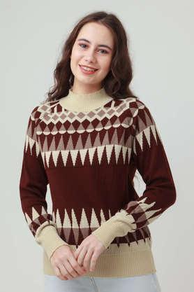 solid high neck acrylic women's casual wear pullover - multi