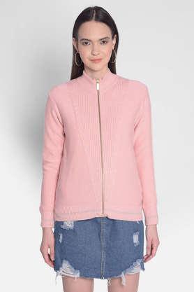 solid high neck blended fabric women's casual wear cardigan - pink