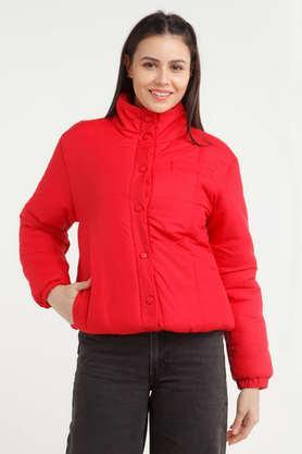 solid high neck polyester women's casual wear coat - red