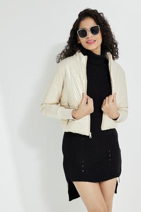solid high neck polyester women's jacket - gold
