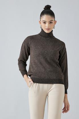 solid high neck polyester women's sweatshirt - brown