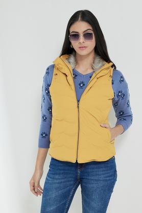 solid hood polyester women's jacket - yellow
