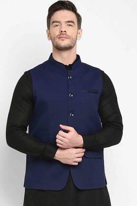 solid jute cotton regular fit men's occasion wear nehru jacket - navy