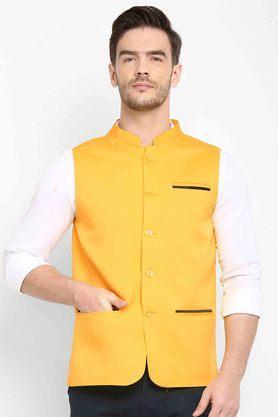 solid jute cotton regular fit men's occasion wear nehru jacket - yellow