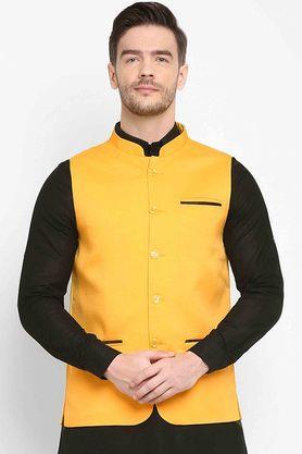solid jute cotton regular fit men's occasion wear nehru jacket - yellow