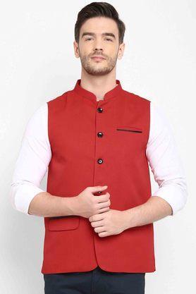 solid jute regular fit men's occasion wear nehru jacket - red
