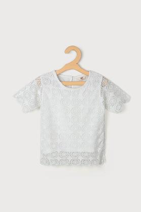solid lace round neck girls top - white
