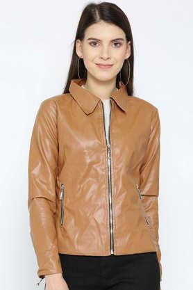 solid leather collared women's jacket - tan