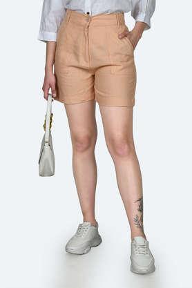 solid-linen-blend-regular-fit-women's-shorts---peach