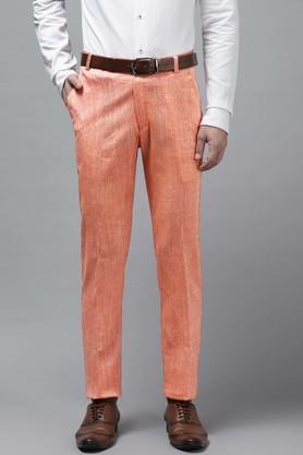 solid linen cotton blend regular fit mens casual trousers - orange