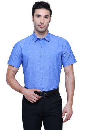 solid linen cotton blend tailored fit men's work wear shirt - royal blue