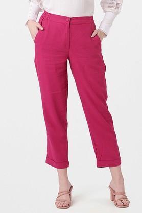 solid linen flared fit women's pants - pink