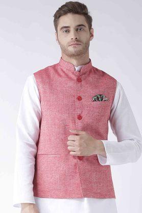 solid linen regular fit men's occasion wear nehru jacket - red