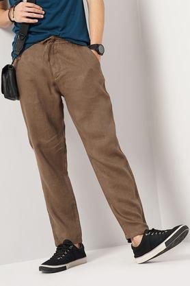 solid linen relaxed fit men's casual trousers - brown