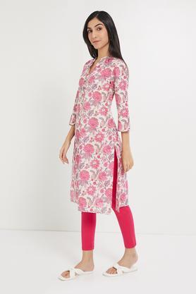solid linen round neck women's kurti - pink
