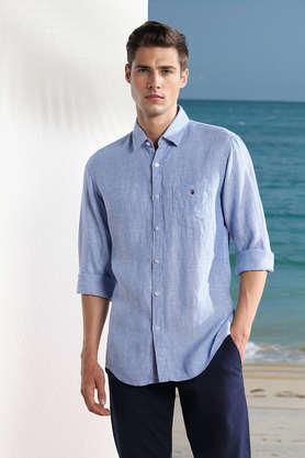 solid linen slim fit men's casual shirt - blue