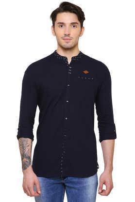 solid linen slim fit men's indowestern shirt - dk indigo