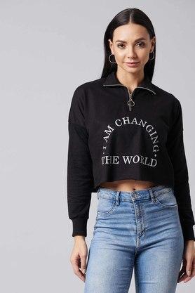 solid loopknit and rib collar neck women's sweatshirt - black