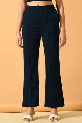 solid lycra relaxed fit women's trousers - navy
