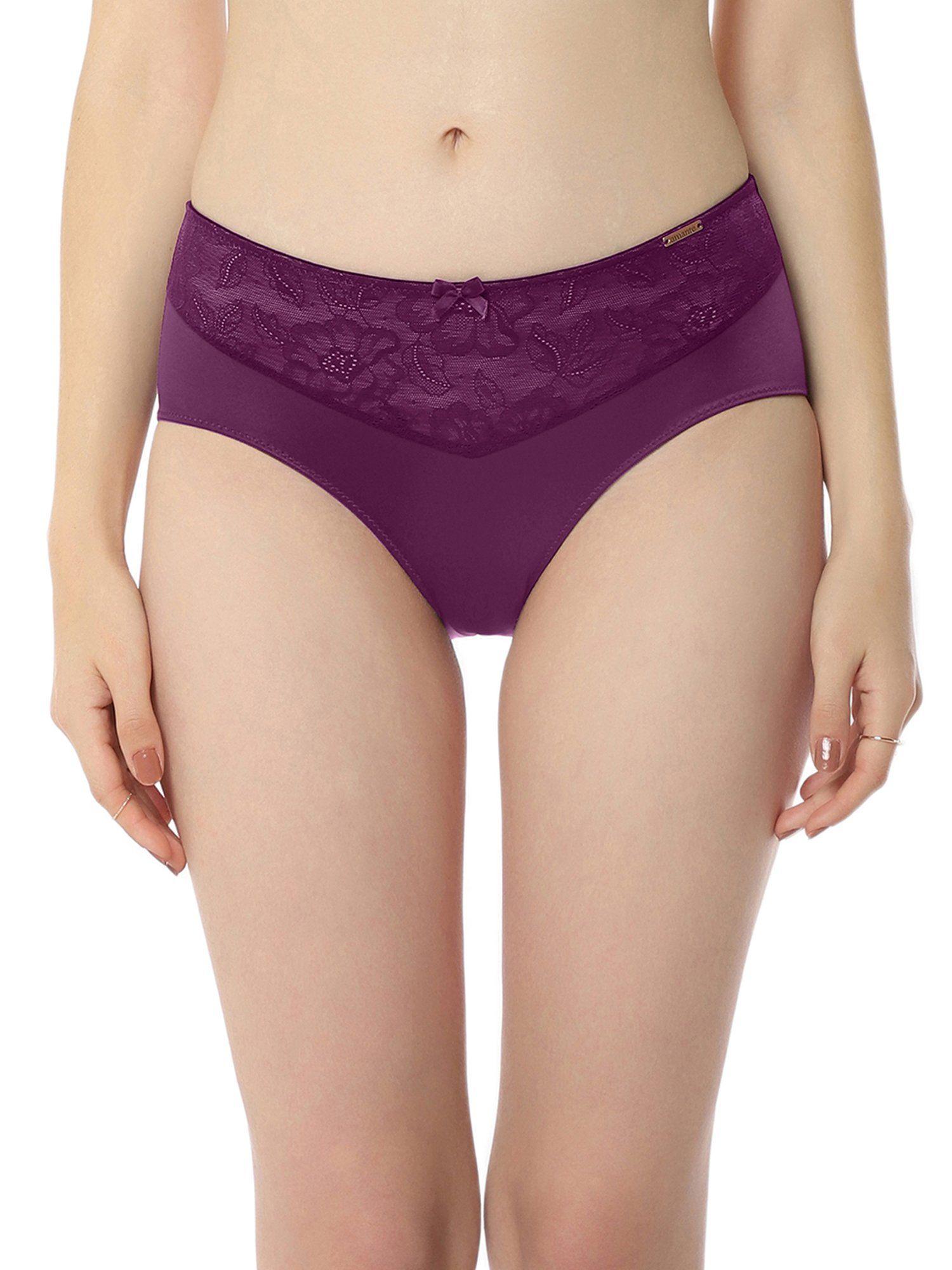 solid mid rise three-fourth coverage elegant lace hipster panty- purple
