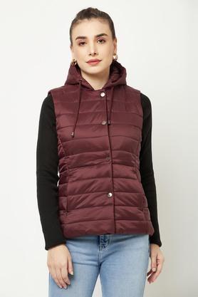 solid nylon hood womens padded jacket - maroon
