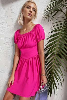 solid off shoulder polyester women's dress - pink