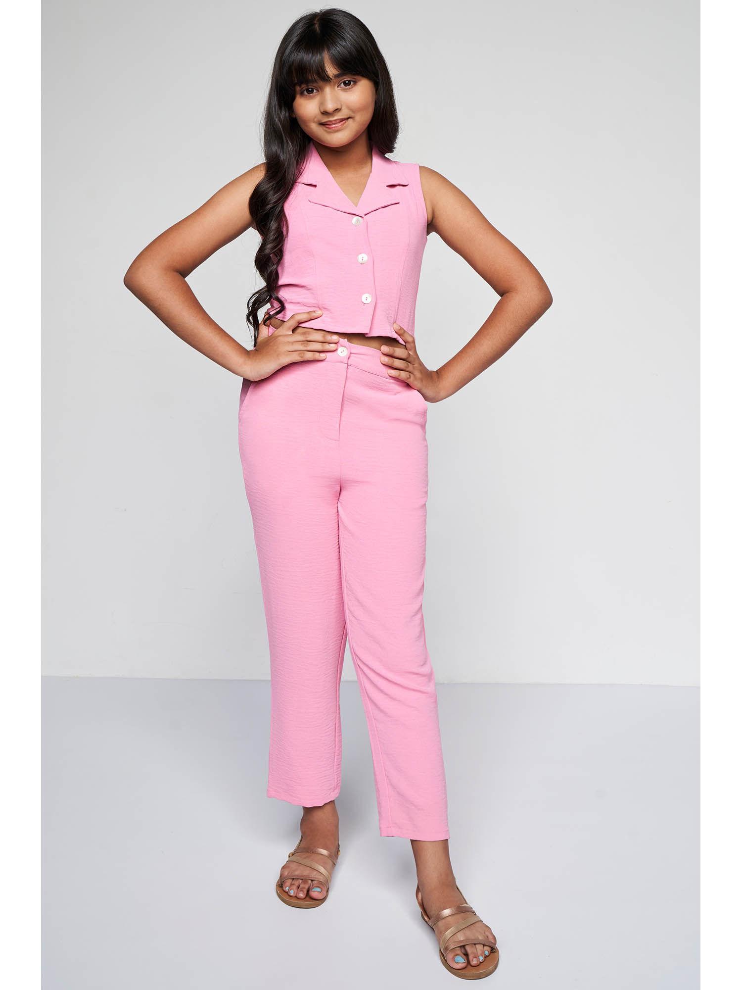 solid pink casual top with pant (set of 2)