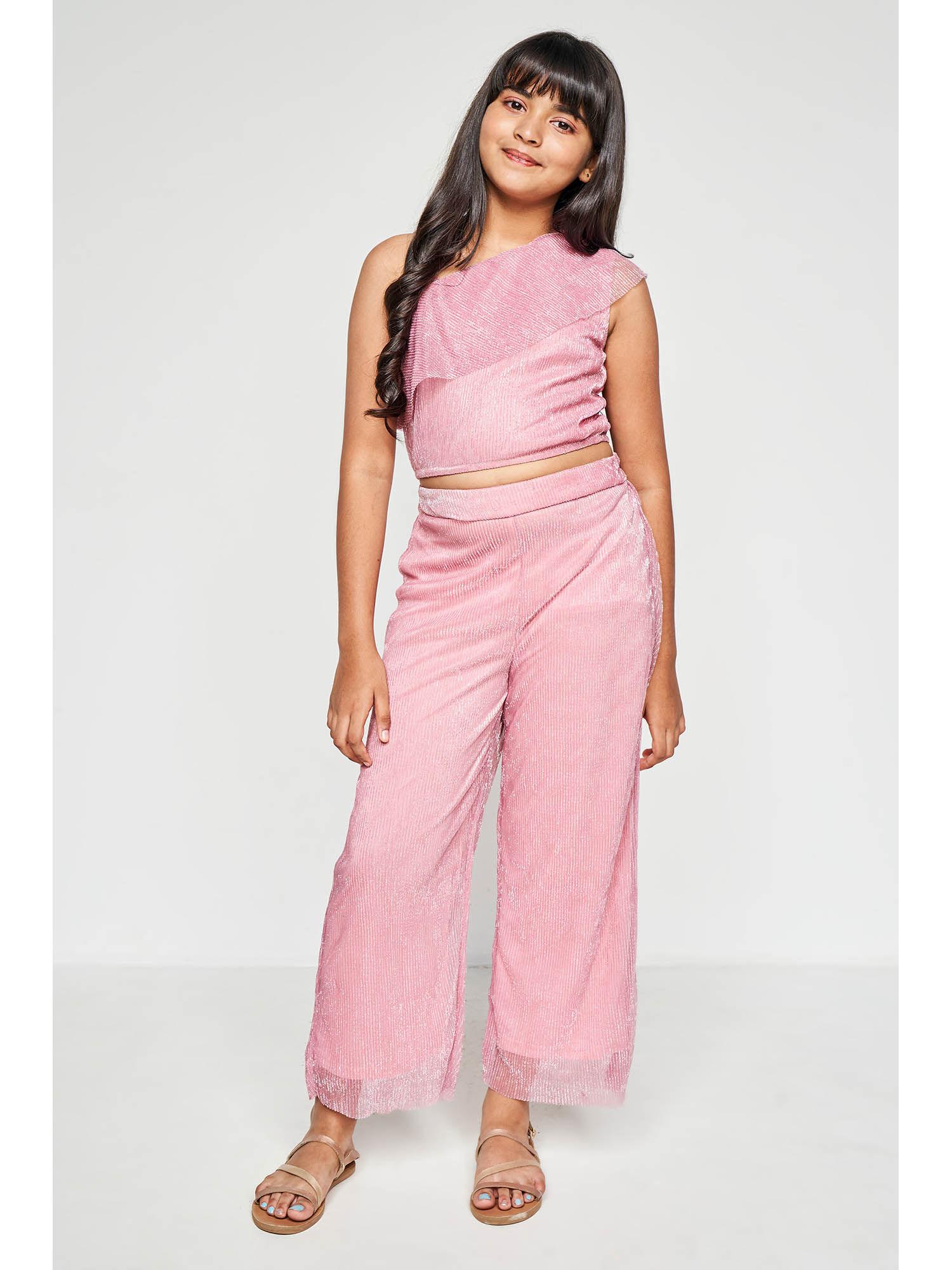 solid pink evening crop top and pant (set of 2)