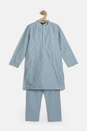 solid poly blend  mandarin boys kurta pyjama set - mint
