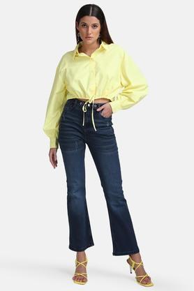 solid poly blend collar neck women's formal shirt - yellow